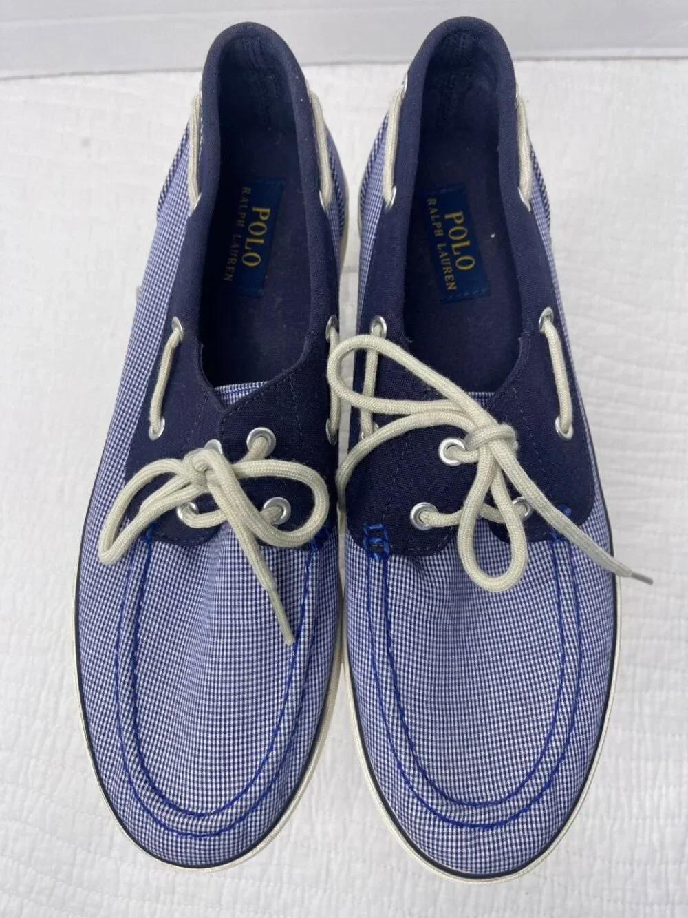 Polo Ralph Lauren Lander Mens Blue Gingham Canvas Lace-Up Boat Shoes SZ 10.5D